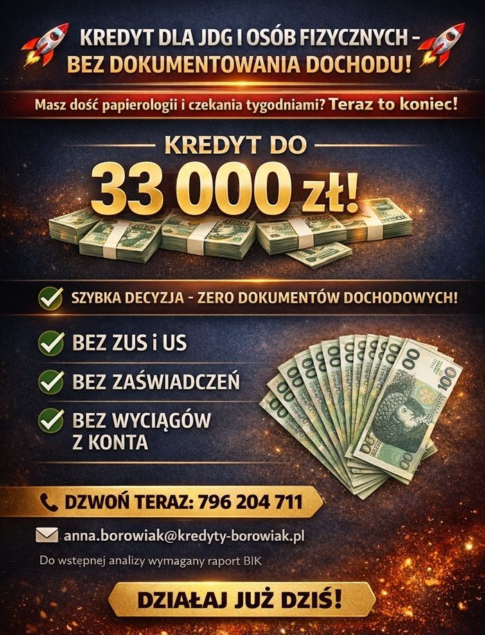 KREDYT DLA JDG I OSÓB FIZYCZNYCH – BEZ DOKUMENTOWANIA DOCHODU! Gdańsk - Zdjęcie 1